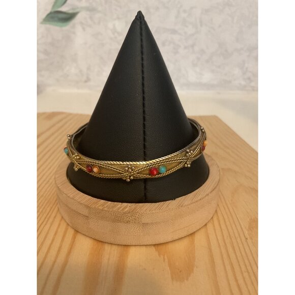 Antique Gold-Tone Indian-Inspired Bangle Bracelet With Colorful Beads - Picture 3 of 4